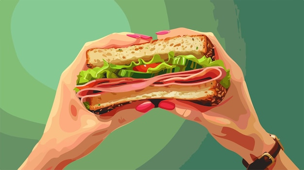 Vector una mujer sosteniendo un sándwich con un fondo verde