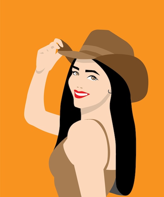 Vector mujer sosteniendo un sombrero, ilustración vectorial, mujer sosteniendo un sombrero en la cabeza. vaquera alegre con sombrero