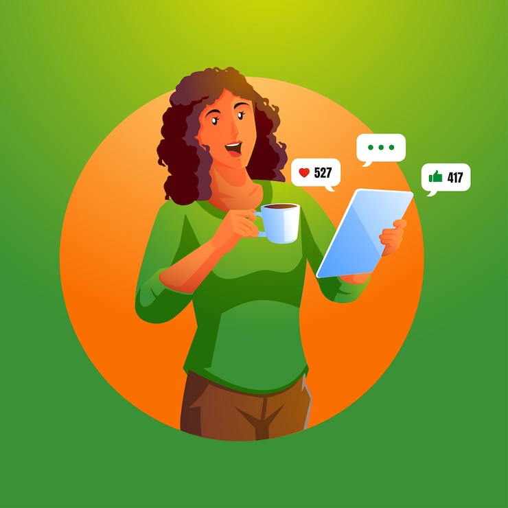 Vector una mujer sosteniendo una taza de café y mirando una tableta