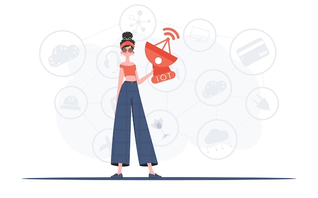 Una mujer sostiene una antena parabólica en sus manos Concepto IoT Bueno para presentaciones, sitios web y tipografía Ilustración vectorial en estilo plano