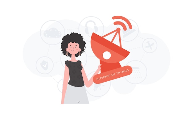 Una mujer sostiene una antena parabólica en sus manos IOT y concepto de automatización Bueno para presentaciones y sitios web Ilustración vectorial en estilo plano