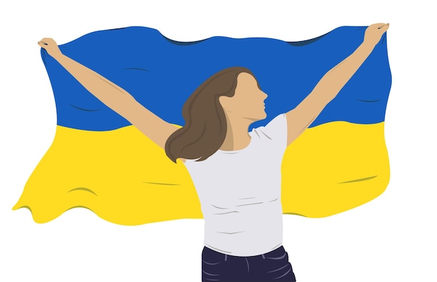 Vector una mujer sostiene la bandera de ucrania el concepto de libertad e independencia de ucrania