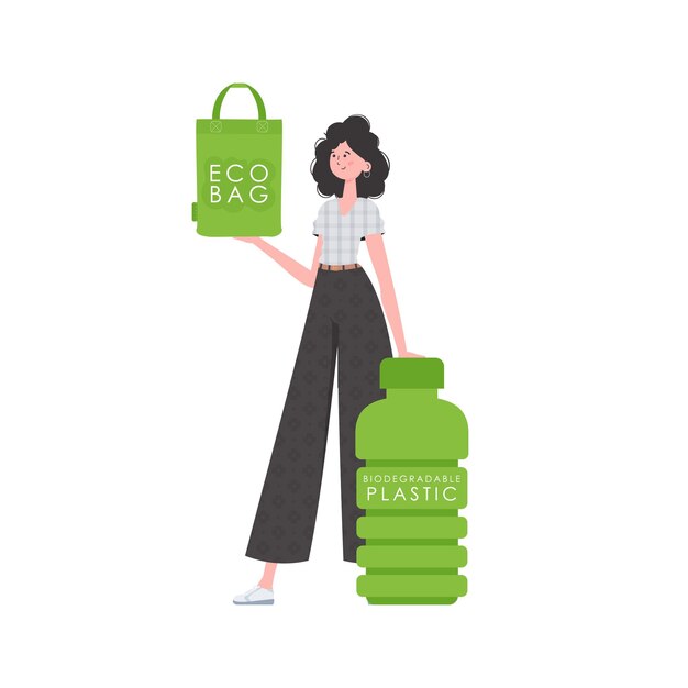 Una mujer sostiene una BOLSA ECO en sus manos Concepto ecológico aislado sobre fondo blanco Ilustración de tendencia de moda en Vector