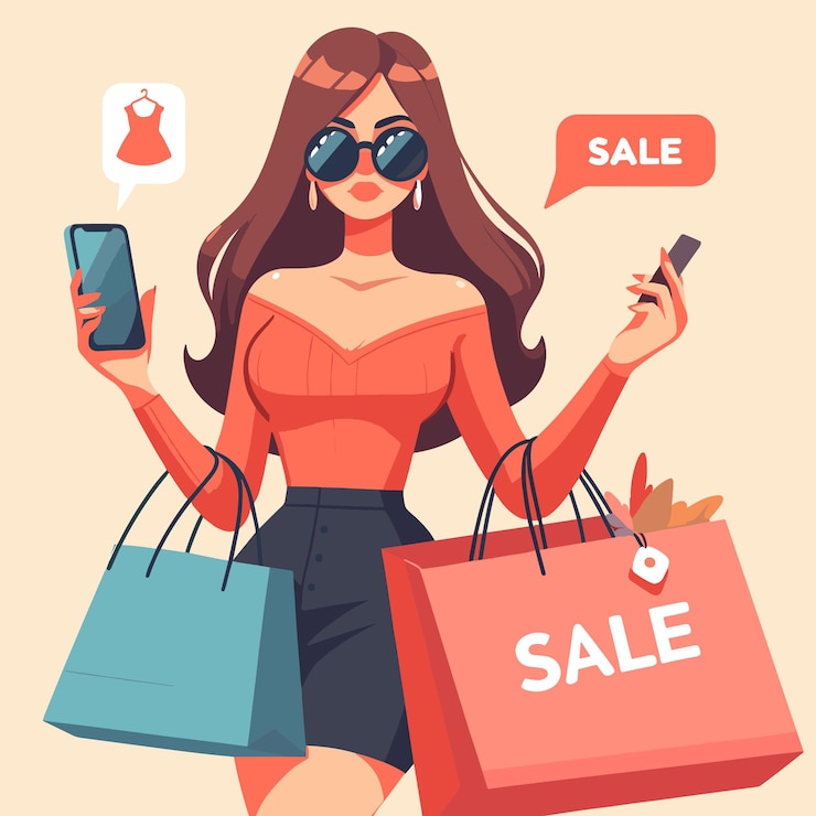 Vector una mujer sostiene bolsas de compras y un teléfono móvil