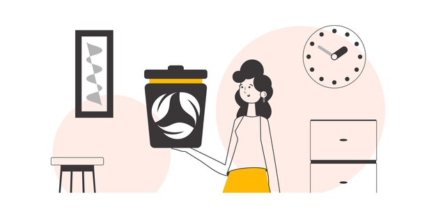 Una mujer sostiene un bote de basura El concepto de reciclaje de plástico y desechos Estilo moderno Lineart