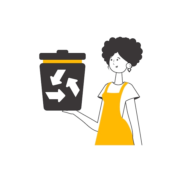 Una mujer sostiene un bote de basura El concepto de reciclaje de plástico y residuos Estilo lineal Aislado sobre fondo blanco Ilustración vectorial