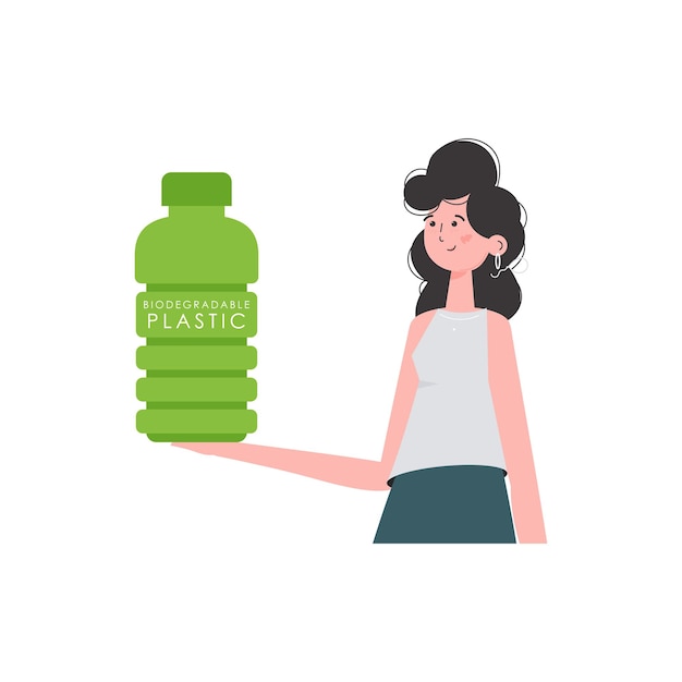 Una mujer sostiene una botella hecha de plástico biodegradable en sus manos Concepto de mundo verde y ecología Aislado sobre fondo blanco Estilo de tendencia Ilustración vectorial