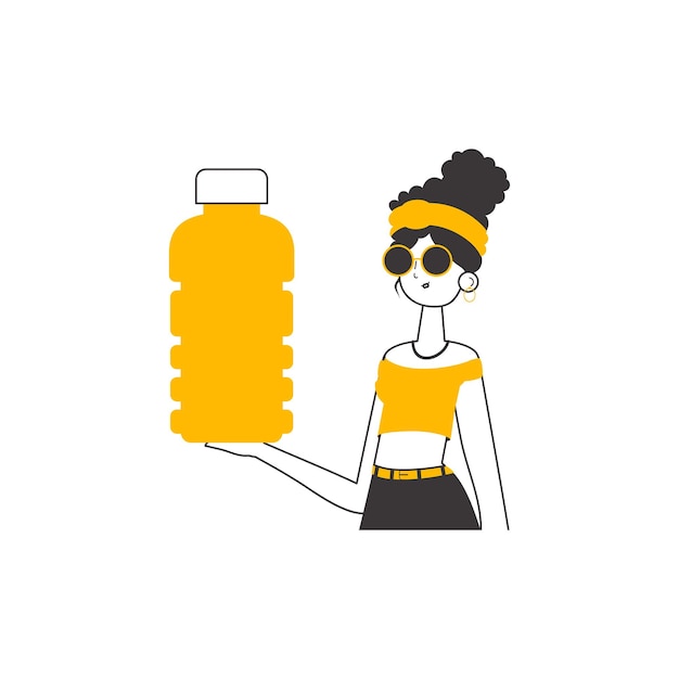 La mujer sostiene una botella en su mano estilo lineal aislado sobre fondo blanco ilustración vectorial