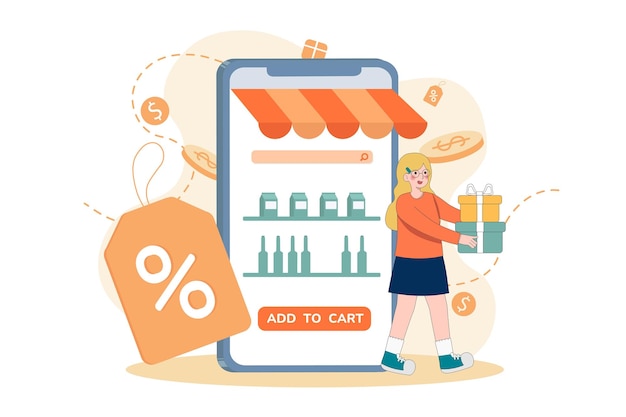Mujer sostiene caja de regalos compras en línea en tiendas en línea La gente compra productos en tiendas en Internet Los compradores compran en venta en Internet Ilustración vectorial plana