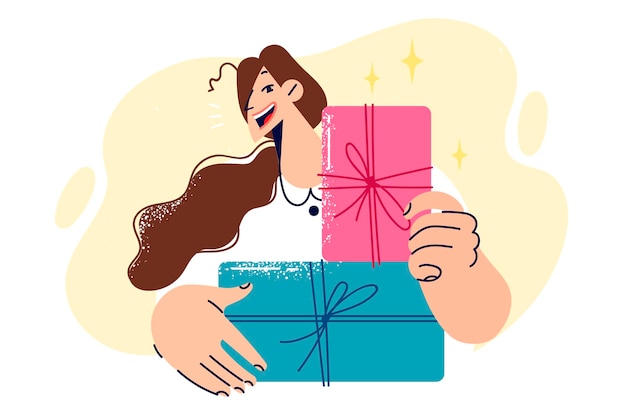 Mujer sostiene cajas de regalos con arcos dados para cumpleaños o Navidad y vacaciones de Año Nuevo