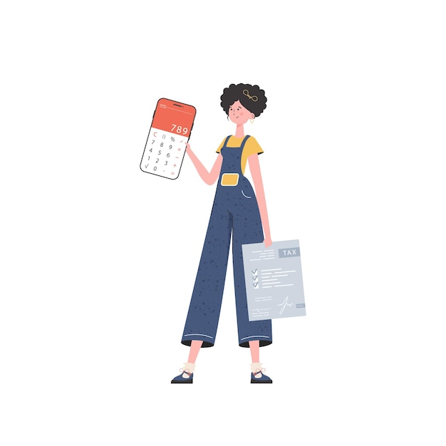 Una mujer sostiene una calculadora y un formulario de impuestos en sus manos aisladas sobre fondo blanco ilustración vectorial en un estilo plano