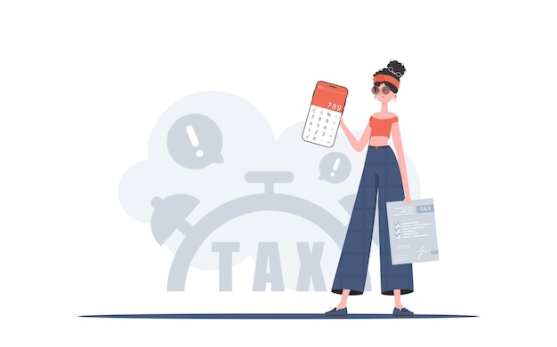 Una mujer sostiene una calculadora y un formulario de impuestos en sus manos El concepto de pago y cálculo de impuestos Ilustración vectorial en un estilo plano