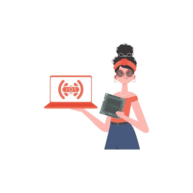 Una mujer sostiene una computadora portátil y un chip de procesador en sus manos Concepto de IoT Ilustración vectorial aislada en un estilo moderno y plano