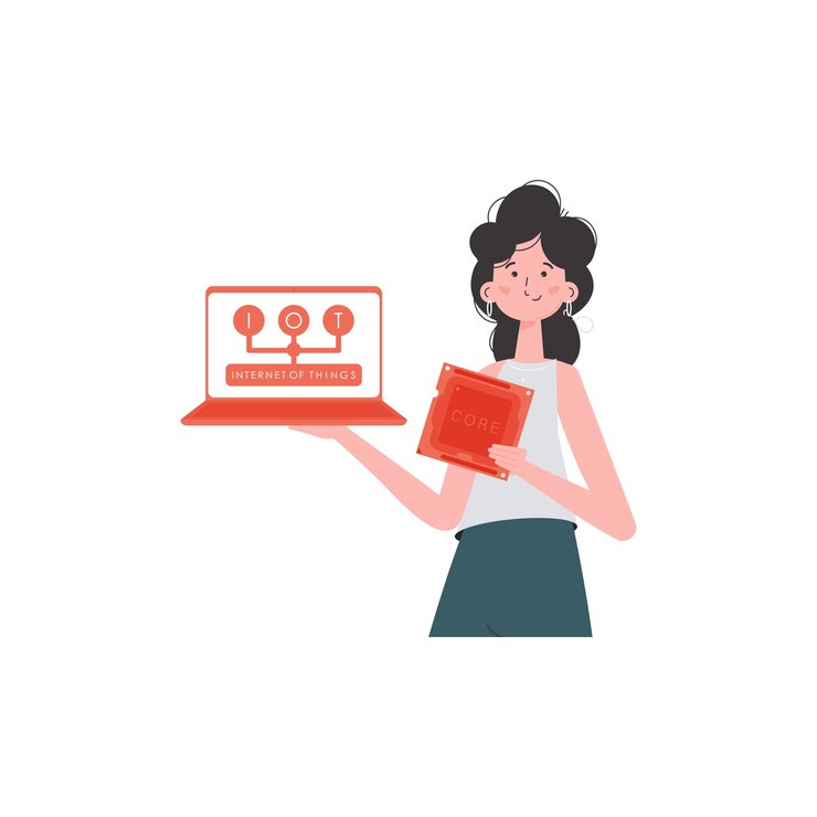 Vector una mujer sostiene una computadora portátil y un chip de procesador en sus manos concepto iot ilustración vectorial aislada en estilo plano