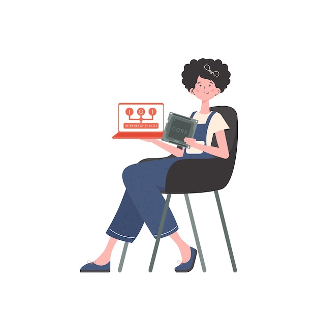 Una mujer sostiene una computadora portátil y un chip de procesador en sus manos Concepto IoT Ilustración vectorial aislada en estilo plano