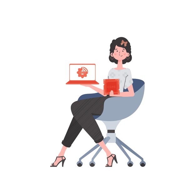 Una mujer sostiene una computadora portátil y un chip de procesador en sus manos Internet de las cosas y el concepto de automatización Ilustración vectorial aislada en estilo plano
