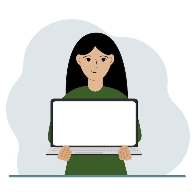 La mujer sostiene una computadora portátil con la pantalla de espaldas a él En la pantalla de la computadora portátil hay un lugar para el texto Concepto de tecnología informática portátil educación en línea trabajo en línea