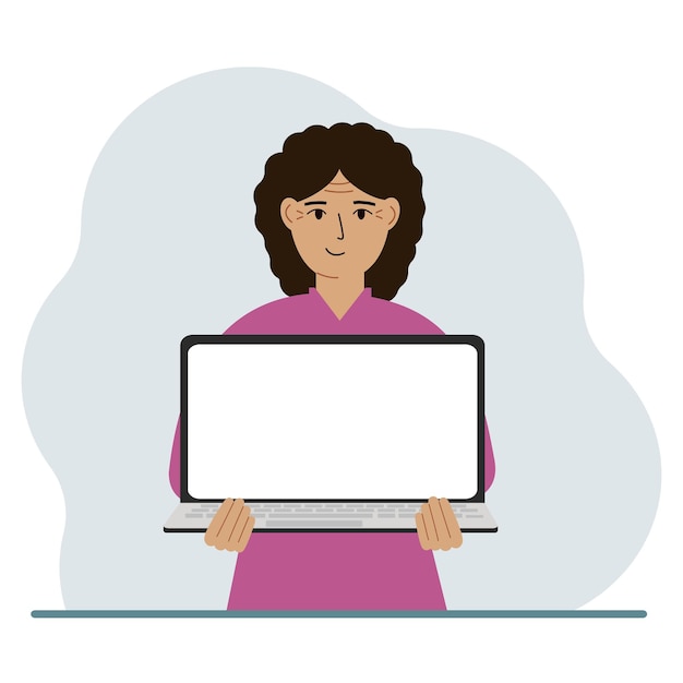 La mujer sostiene una computadora portátil con la pantalla de espaldas a él En la pantalla de la computadora portátil hay un lugar para el texto Concepto de tecnología informática portátil educación en línea trabajo en línea