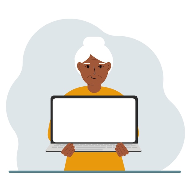 La mujer sostiene una computadora portátil con la pantalla de espaldas a él En la pantalla de la computadora portátil hay un lugar para el texto Concepto de tecnología informática portátil educación en línea trabajo en línea