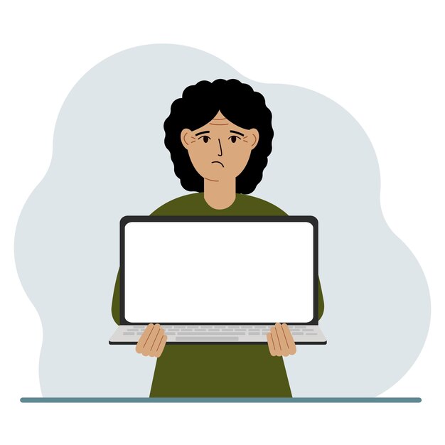 La mujer sostiene una computadora portátil con la pantalla de espaldas a él En la pantalla de la computadora portátil hay un lugar para el texto Concepto de tecnología informática portátil educación en línea trabajo en línea