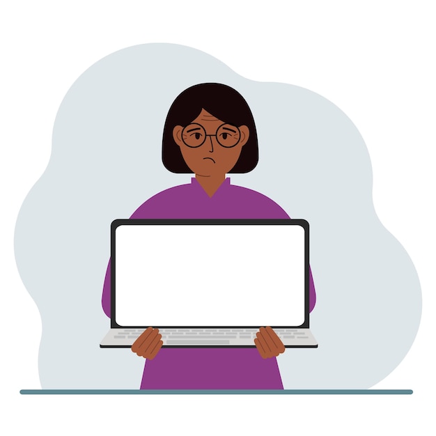 La mujer sostiene una computadora portátil con la pantalla de espaldas a él En la pantalla de la computadora portátil hay un lugar para el texto Concepto de tecnología informática portátil educación en línea trabajo en línea