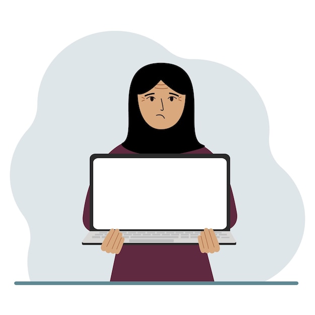 La mujer sostiene una computadora portátil con la pantalla de espaldas a él En la pantalla de la computadora portátil hay un lugar para el texto Concepto de tecnología informática portátil educación en línea trabajo en línea