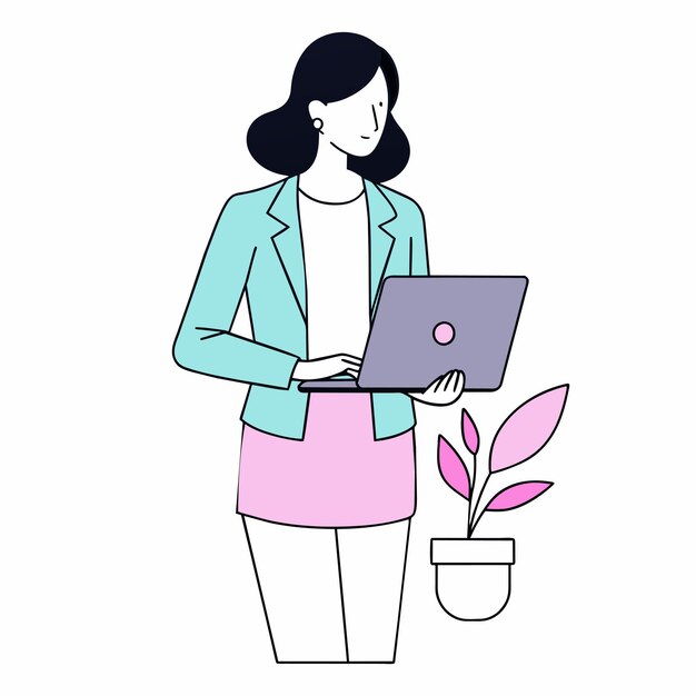 una mujer sostiene una computadora portátil y una planta en maceta