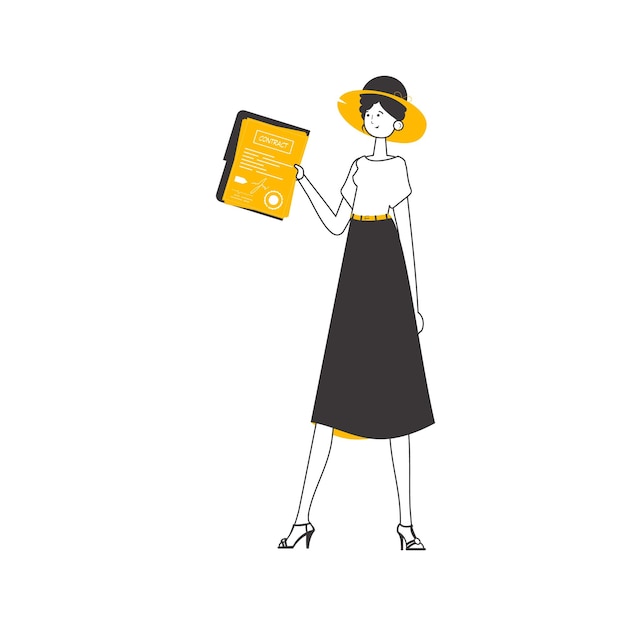 Una mujer sostiene un contrato en sus manos Ilustración de vector aislado de estilo lineal minimalista