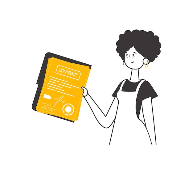 Una mujer sostiene un contrato en sus manos Lineart estilo minimalista Ilustración vectorial aislada