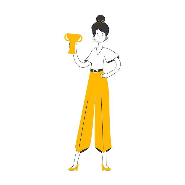 La mujer sostiene una copa estilo de arte de línea aislado en fondo blanco ilustración vectorial