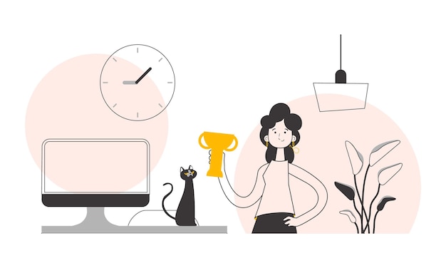 La mujer sostiene una copa Estilo moderno lineal Ilustración vectorial aislada