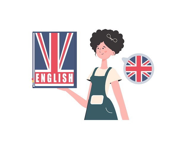 Vector una mujer sostiene un diccionario de inglés en sus manos el concepto de aprender inglés ilustración vectorial de estilo de moda aislado