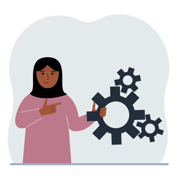 Vector una mujer sostiene engranajes en su mano señala con el dedo las ruedas dentadas el concepto de planificación financiera, movimiento, educación para la vida o mantenimiento