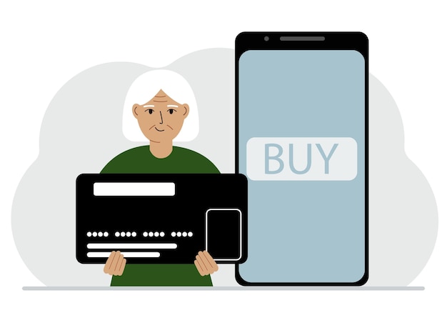 Una mujer sostiene una enorme tarjeta de crédito junto a un teléfono inteligente con un botón Comprar en la pantalla El concepto de pagos en línea con pago por teléfono móvil