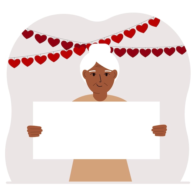 Una mujer sostiene una gran hoja en blanco para texto hay muchos corazones rojos cerca el concepto de feliz día de san valentín para mujeres declaración de amor o día festivo del padre