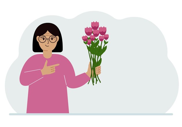 Vector una mujer sostiene un gran ramo de flores el concepto de vacaciones felicitaciones romance o regalo