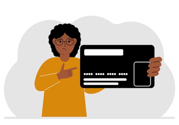 Una mujer sostiene una gran tarjeta de crédito de plástico en su mano ilustración vectorial