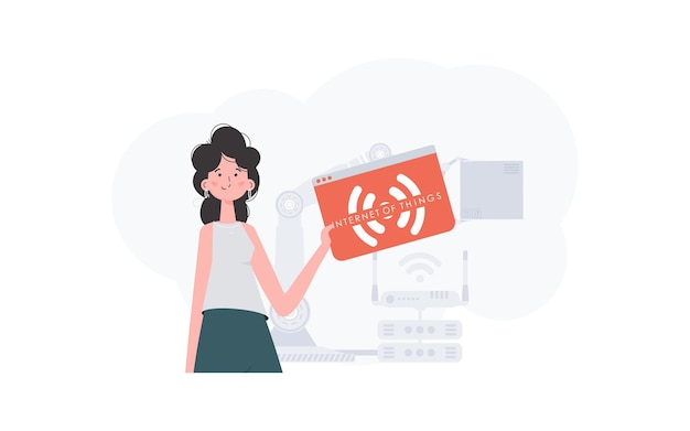 Una mujer sostiene un icono de Internet en sus manos Concepto de Internet de las cosas Bueno para presentaciones y sitios web Estilo plano de moda Vector