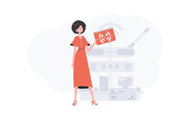 Una mujer sostiene un icono de Internet en sus manos Concepto de Internet de las cosas Bueno para sitios web y presentaciones Ilustración vectorial en estilo plano