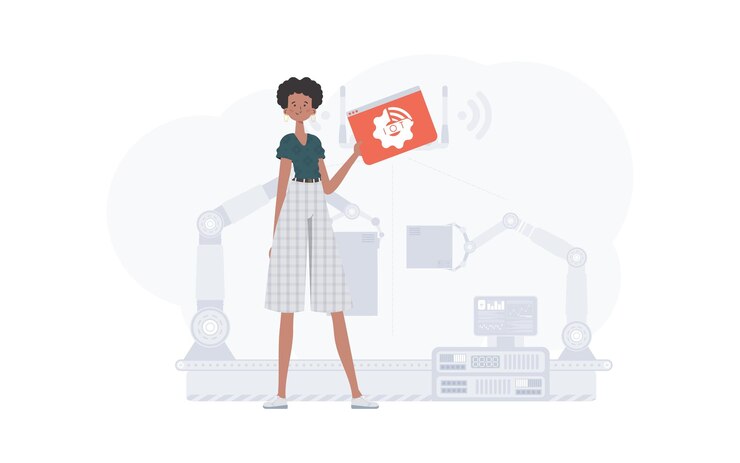 Vector una mujer sostiene un icono de internet en sus manos concepto iot bueno para sitios web y presentaciones estilo plano de moda vector