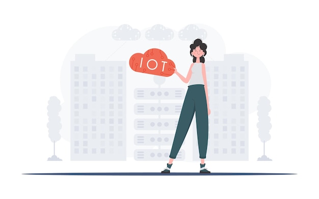 Una mujer sostiene un icono de Internet en sus manos Concepto IoT Bueno para sitios web y presentaciones Ilustración vectorial en estilo moderno y plano