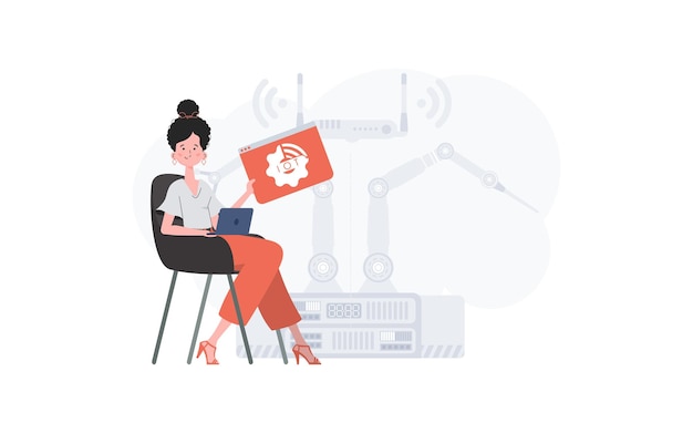 Una mujer sostiene un icono de Internet en sus manos Concepto IoT Bueno para sitios web y presentaciones Ilustración vectorial en estilo moderno y plano