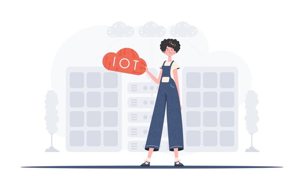 Una mujer sostiene un icono de Internet en sus manos Concepto IoT Bueno para sitios web y presentaciones Ilustración vectorial en estilo plano