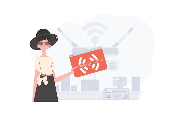 Una mujer sostiene un icono de Internet en sus manos Concepto IoT Bueno para sitios web y presentaciones Ilustración vectorial en estilo plano