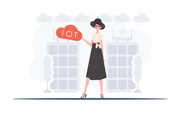 Una mujer sostiene un icono de Internet en sus manos Concepto IoT Bueno para sitios web y presentaciones Ilustración vectorial