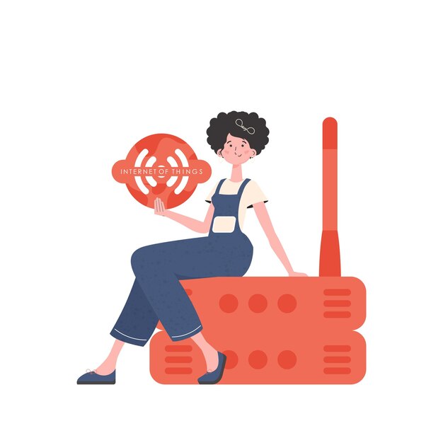 Una mujer sostiene un icono de Internet en sus manos Enrutador y servidor Internet de las cosas y concepto de automatización Ilustración vectorial aislada en un estilo moderno y plano