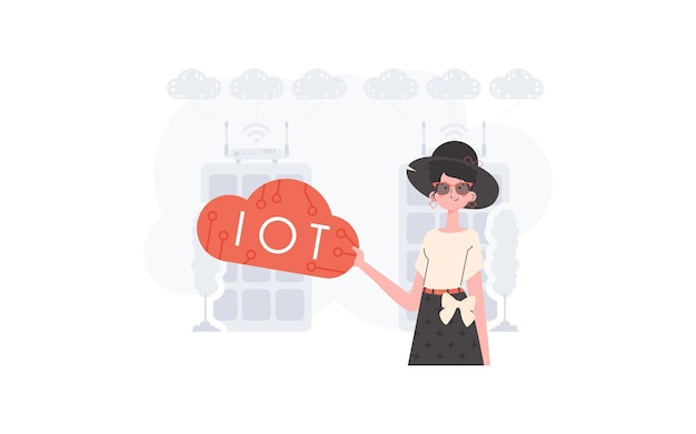 Una mujer sostiene un icono de Internet en sus manos IOT y concepto de automatización Bueno para sitios web y presentaciones Ilustración vectorial en estilo plano