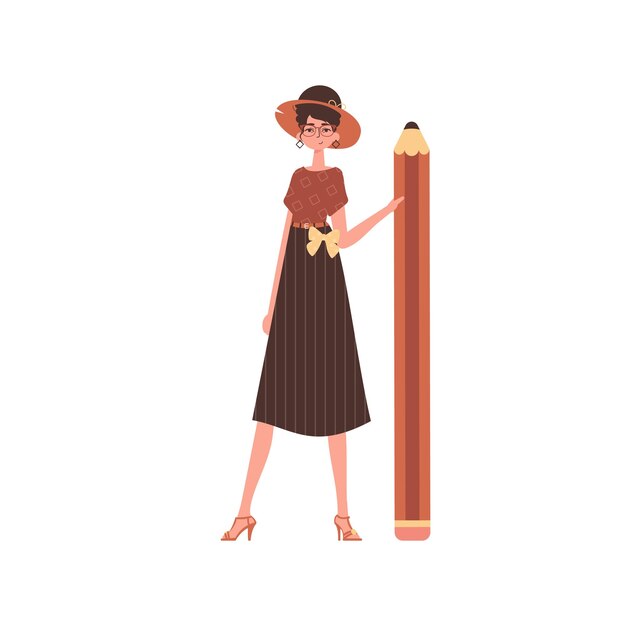 La mujer sostiene un lápiz. Personaje de estilo Trend.