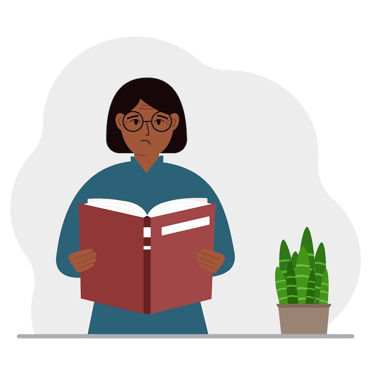 Vector la mujer sostiene un libro grande en sus manos.