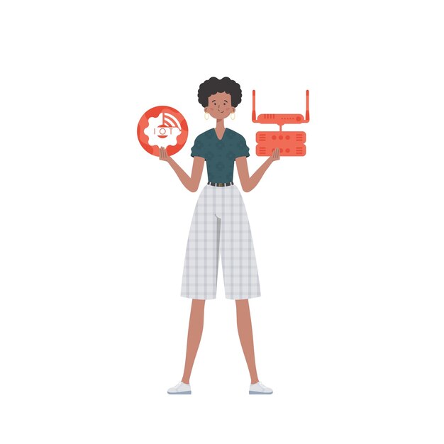 Una mujer sostiene el logotipo de Internet de las cosas en sus manos Enrutador y servidor IOT y concepto de automatización Estilo plano de moda aislado Ilustración vectorial
